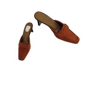 Vtg 90's LifeStride Leather Suede‎ Square Toe Loafer Heeled Mules Orange Sz 7